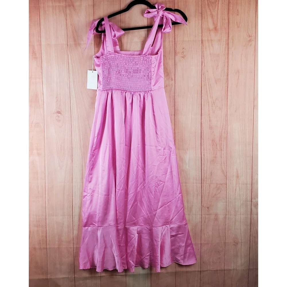 Show Me Your Mumu Midi A Line Dress Womens Medium Pink Satin Smocked Side Slit - Picture 2 of 10